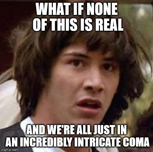 Now, THIS is not epic. | WHAT IF NONE OF THIS IS REAL; AND WE'RE ALL JUST IN AN INCREDIBLY INTRICATE COMA | image tagged in memes,conspiracy keanu | made w/ Imgflip meme maker