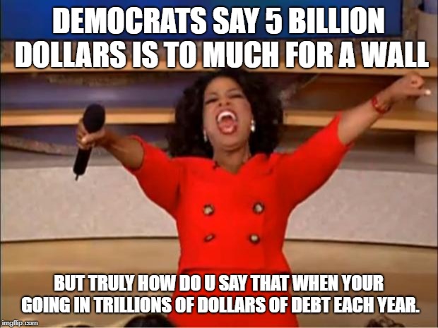 Oprah You Get A Meme | DEMOCRATS SAY 5 BILLION DOLLARS IS TO MUCH FOR A WALL; BUT TRULY HOW DO U SAY THAT WHEN YOUR GOING IN TRILLIONS OF DOLLARS OF DEBT EACH YEAR. | image tagged in memes,oprah you get a | made w/ Imgflip meme maker