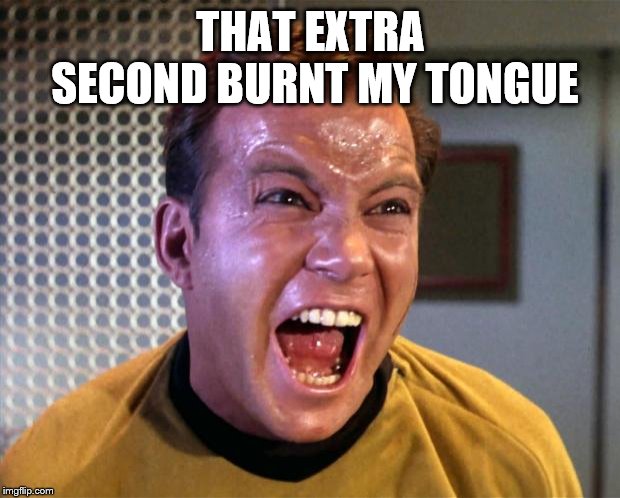 Captain Kirk Screaming | THAT EXTRA SECOND BURNT MY TONGUE | image tagged in captain kirk screaming | made w/ Imgflip meme maker