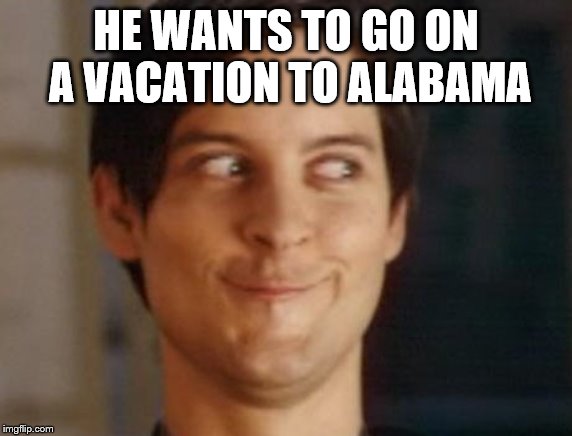 Spiderman Peter Parker Meme | HE WANTS TO GO ON A VACATION TO ALABAMA | image tagged in memes,spiderman peter parker | made w/ Imgflip meme maker