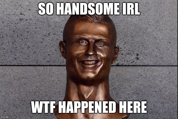 Ronaldo Statue | SO HANDSOME IRL; WTF HAPPENED HERE | image tagged in ronaldo statue | made w/ Imgflip meme maker