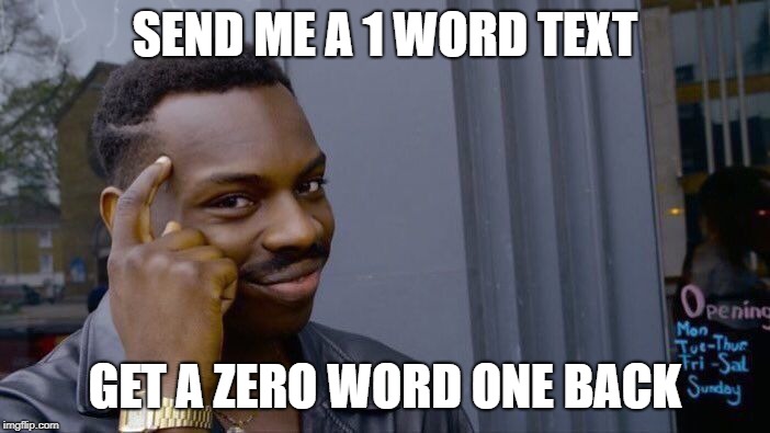 Roll Safe Think About It | SEND ME A 1 WORD TEXT; GET A ZERO WORD ONE BACK | image tagged in memes,roll safe think about it | made w/ Imgflip meme maker