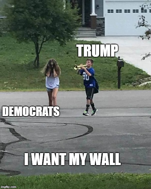 Trumpet Boy | TRUMP; DEMOCRATS; I WANT MY WALL | image tagged in trumpet boy | made w/ Imgflip meme maker