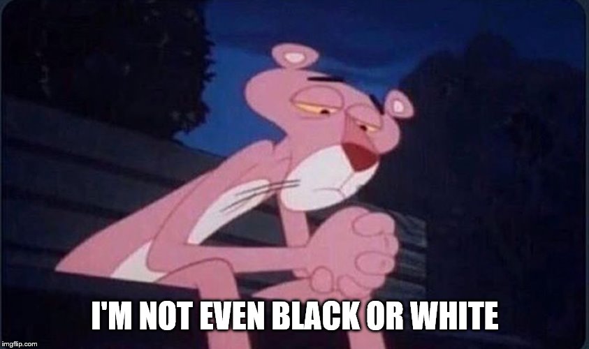 Pink Panther | I'M NOT EVEN BLACK OR WHITE | image tagged in pink panther | made w/ Imgflip meme maker
