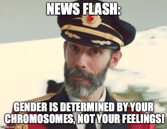 If and when I have a kid or two, I'm not raising them "genderless" no matter what PC liberals tell me! | NEWS FLASH:; GENDER IS DETERMINED BY YOUR CHROMOSOMES, NOT YOUR FEELINGS! | image tagged in captain obvious,memes,funny,gender,transgender,liberals | made w/ Imgflip meme maker