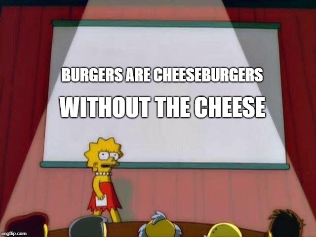 Lisa Simpson's Presentation | WITHOUT THE CHEESE; BURGERS ARE CHEESEBURGERS | image tagged in lisa simpson's presentation | made w/ Imgflip meme maker