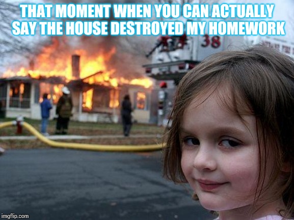Disaster Girl Meme | THAT MOMENT WHEN YOU CAN ACTUALLY SAY THE HOUSE DESTROYED MY HOMEWORK | image tagged in memes,disaster girl | made w/ Imgflip meme maker
