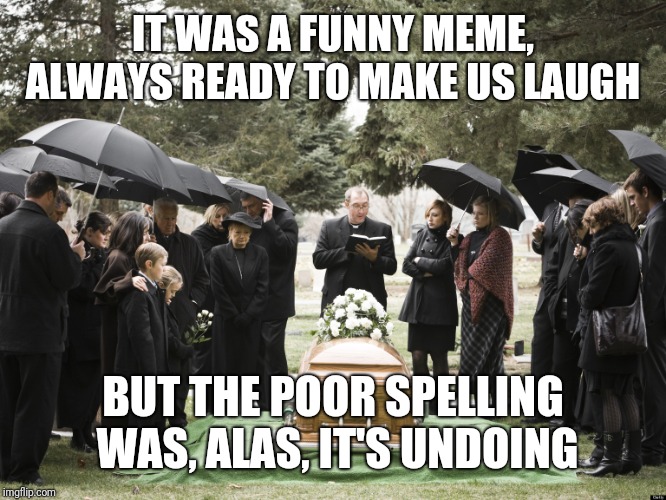Funeral | IT WAS A FUNNY MEME, ALWAYS READY TO MAKE US LAUGH BUT THE POOR SPELLING WAS, ALAS, IT'S UNDOING | image tagged in funeral | made w/ Imgflip meme maker