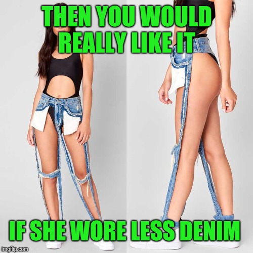 Carmar Denim  | THEN YOU WOULD REALLY LIKE IT IF SHE WORE LESS DENIM | image tagged in carmar denim | made w/ Imgflip meme maker