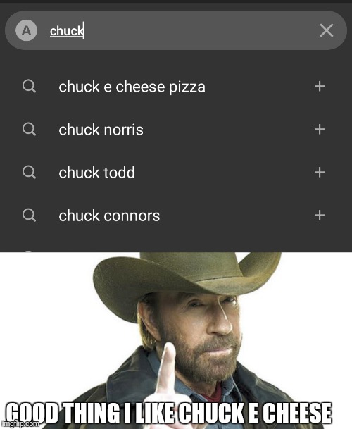 Good Thing Chuck | GOOD THING I LIKE CHUCK E CHEESE | image tagged in chuck norris approves,chuck e cheese,chuck search bar enforcement | made w/ Imgflip meme maker