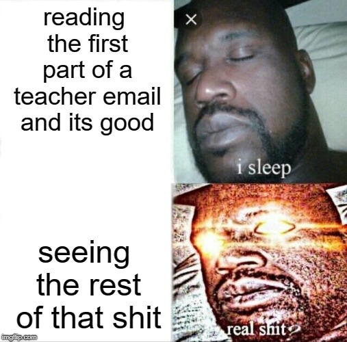 Sleeping Me | reading the first part of a teacher email and its good; seeing the rest of that shit | image tagged in memes,sleeping shaq | made w/ Imgflip meme maker