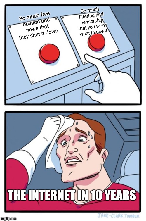 Two Buttons | So much filtering and censorship that you won't want to use it; So much free opinion and news that they shut it down; THE INTERNET IN 10 YEARS | image tagged in memes,two buttons | made w/ Imgflip meme maker