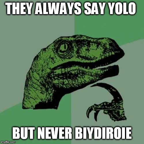 Philosoraptor | THEY ALWAYS SAY YOLO; BUT NEVER BIYDIROIE | image tagged in memes,philosoraptor | made w/ Imgflip meme maker