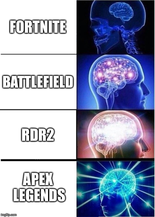 Shooting games | FORTNITE; BATTLEFIELD; RDR2; APEX LEGENDS | image tagged in memes,expanding brain | made w/ Imgflip meme maker