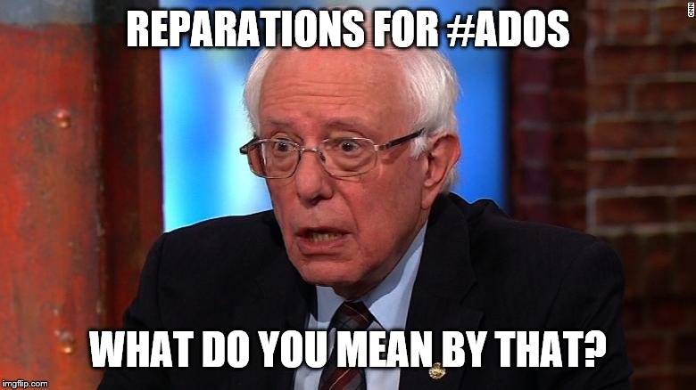NO Bernie, 2020 | REPARATIONS FOR #ADOS; WHAT DO YOU MEAN BY THAT? | image tagged in politics,bernie sanders | made w/ Imgflip meme maker