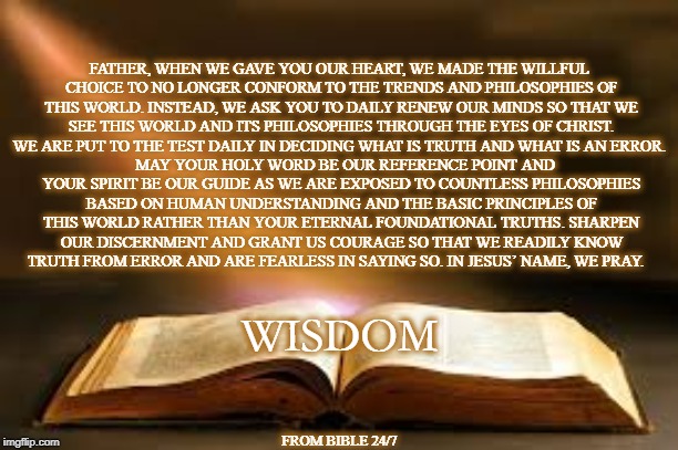 Godly Wisdom | FATHER, WHEN WE GAVE YOU OUR HEART, WE MADE THE WILLFUL CHOICE TO NO LONGER CONFORM TO THE TRENDS AND PHILOSOPHIES OF THIS WORLD. INSTEAD, WE ASK YOU TO DAILY RENEW OUR MINDS SO THAT WE SEE THIS WORLD AND ITS PHILOSOPHIES THROUGH THE EYES OF CHRIST. WE ARE PUT TO THE TEST DAILY IN DECIDING WHAT IS TRUTH AND WHAT IS AN ERROR. MAY YOUR HOLY WORD BE OUR REFERENCE POINT AND YOUR SPIRIT BE OUR GUIDE AS WE ARE EXPOSED TO COUNTLESS PHILOSOPHIES BASED ON HUMAN UNDERSTANDING AND THE BASIC PRINCIPLES OF THIS WORLD RATHER THAN YOUR ETERNAL FOUNDATIONAL TRUTHS. SHARPEN OUR DISCERNMENT AND GRANT US COURAGE SO THAT WE READILY KNOW TRUTH FROM ERROR AND ARE FEARLESS IN SAYING SO. IN JESUS’ NAME, WE PRAY. WISDOM; FROM BIBLE 24/7 | image tagged in wisdom,truth,godly wisdom,bible truth | made w/ Imgflip meme maker