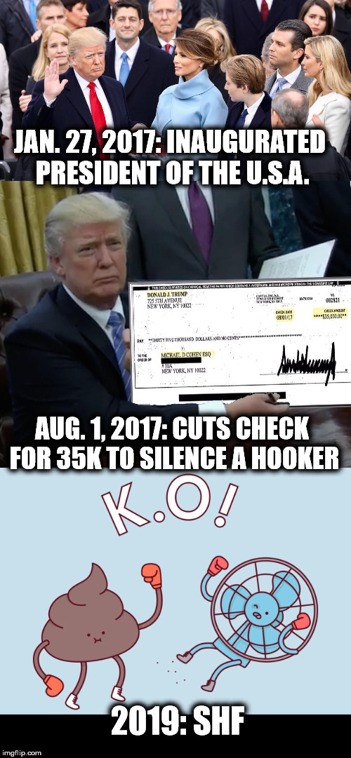 HUSH | JAN. 27, 2017: INAUGURATED PRESIDENT OF THE U.S.A. AUG. 1, 2017: CUTS CHECK FOR 35K TO SILENCE A HOOKER; 2019: SHF | image tagged in memes,trump bill signing,funny,dank memes,first world problems,epic fail | made w/ Imgflip meme maker