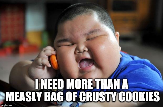 Fat Asian Kid | I NEED MORE THAN A MEASLY BAG OF CRUSTY COOKIES | image tagged in fat asian kid | made w/ Imgflip meme maker