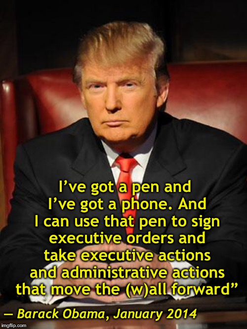 When going around Congress was progressive | I’ve got a pen and I’ve got a phone.
And I can use that pen to sign executive orders and take executive actions and administrative actions that move the (w)all forward”; — Barack Obama, January 2014 | image tagged in serious trump,memes,liberal hypocrisy | made w/ Imgflip meme maker