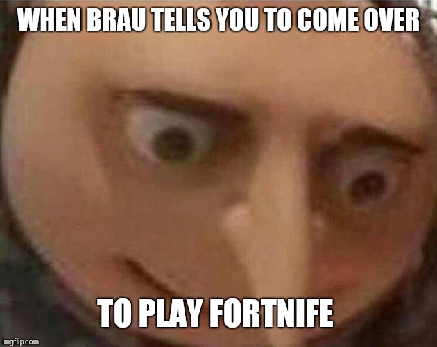 gru meme | WHEN BRAU TELLS YOU TO COME OVER; TO PLAY FORTNIFE | image tagged in gru meme | made w/ Imgflip meme maker