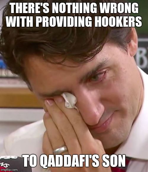 Justin Trudeau Crying | THERE'S NOTHING WRONG WITH PROVIDING HOOKERS TO QADDAFI'S SON | image tagged in justin trudeau crying | made w/ Imgflip meme maker