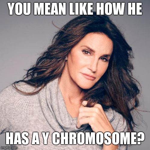 Caitlyn Jenner Photo | YOU MEAN LIKE HOW HE HAS A Y CHROMOSOME? | image tagged in caitlyn jenner photo | made w/ Imgflip meme maker