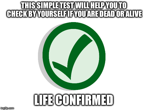 Life autotest | THIS SIMPLE TEST WILL HELP YOU TO CHECK BY YOURSELF IF YOU ARE DEAD OR ALIVE; LIFE CONFIRMED | image tagged in memes,blank white template | made w/ Imgflip meme maker