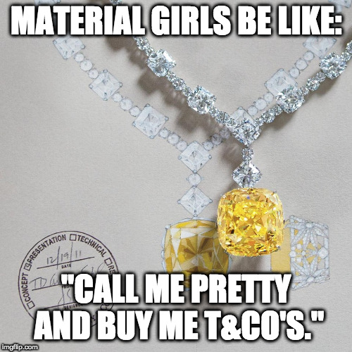 Material Girls and T&Co's | MATERIAL GIRLS BE LIKE:; "CALL ME PRETTY AND BUY ME T&CO'S." | image tagged in tiffany,diamonds,yellow diamond,taco,tacos,oscars | made w/ Imgflip meme maker
