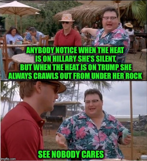 See Nobody Cares Meme | ANYBODY NOTICE WHEN THE HEAT IS ON HILLARY SHE’S SILENT, BUT WHEN THE HEAT IS ON TRUMP SHE ALWAYS CRAWLS OUT FROM UNDER HER ROCK SEE NOBODY  | image tagged in memes,see nobody cares | made w/ Imgflip meme maker