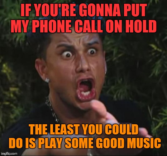 The music is always annoying! | IF YOU'RE GONNA PUT MY PHONE CALL ON HOLD; THE LEAST YOU COULD DO IS PLAY SOME GOOD MUSIC | image tagged in memes,dj pauly d,on hold,phone,music,bad music | made w/ Imgflip meme maker