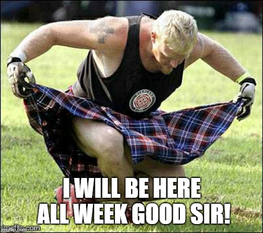 Bow | I WILL BE HERE ALL WEEK GOOD SIR! | image tagged in bow | made w/ Imgflip meme maker