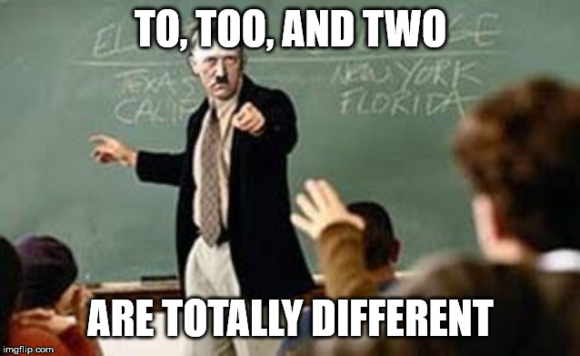 Grammar Nazi Teacher | TO, TOO, AND TWO ARE TOTALLY DIFFERENT | image tagged in grammar nazi teacher | made w/ Imgflip meme maker