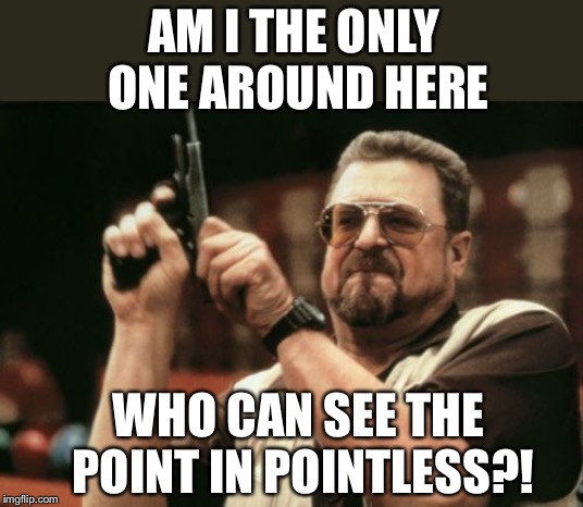 Am I The Only One Around Here Meme | AM I THE ONLY ONE AROUND HERE WHO CAN SEE THE POINT IN POINTLESS?! | image tagged in memes,am i the only one around here | made w/ Imgflip meme maker