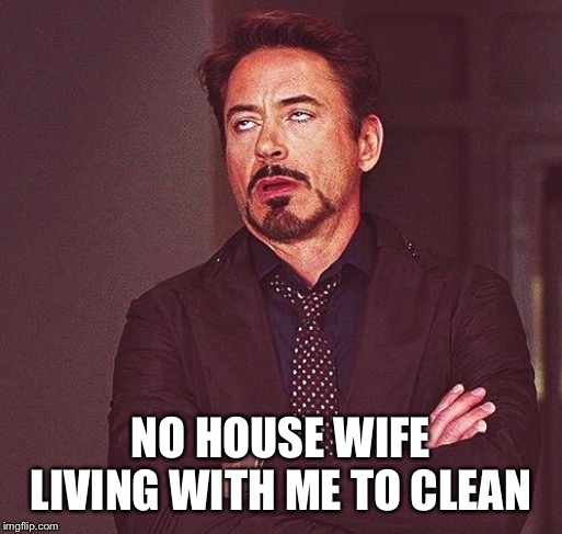 Robert Downey Jr Annoyed | NO HOUSE WIFE LIVING WITH ME TO CLEAN | image tagged in robert downey jr annoyed | made w/ Imgflip meme maker