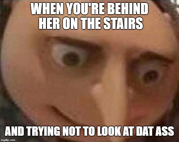 awkward | WHEN YOU'RE BEHIND HER ON THE STAIRS; AND TRYING NOT TO LOOK AT DAT ASS | image tagged in gru meme,dank memes,memes | made w/ Imgflip meme maker