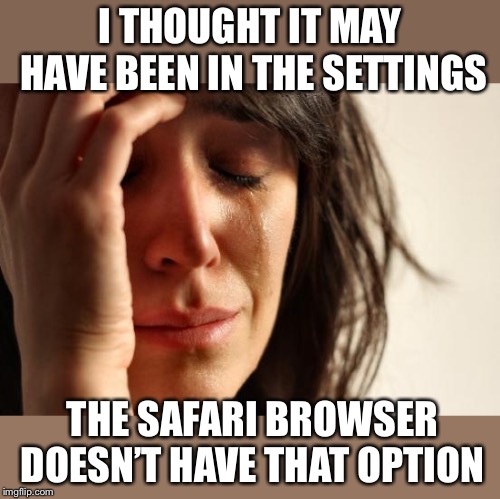 First World Problems Meme | I THOUGHT IT MAY HAVE BEEN IN THE SETTINGS THE SAFARI BROWSER DOESN’T HAVE THAT OPTION | image tagged in memes,first world problems | made w/ Imgflip meme maker