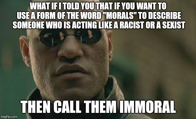 Matrix Morpheus Meme | WHAT IF I TOLD YOU THAT IF YOU WANT TO USE A FORM OF THE WORD "MORALS" TO DESCRIBE SOMEONE WHO IS ACTING LIKE A RACIST OR A SEXIST; THEN CALL THEM IMMORAL | image tagged in memes,matrix morpheus | made w/ Imgflip meme maker