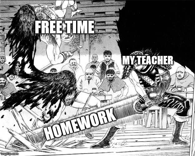 Guts_haets_fatso | FREE TIME; MY TEACHER; HOMEWORK | image tagged in guts_haets_fatso | made w/ Imgflip meme maker
