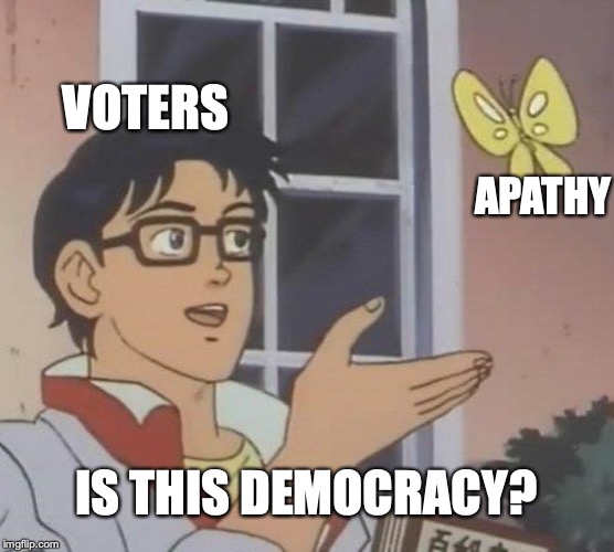 Is This A Pigeon Meme | APATHY VOTERS IS THIS DEMOCRACY? | image tagged in memes,is this a pigeon | made w/ Imgflip meme maker