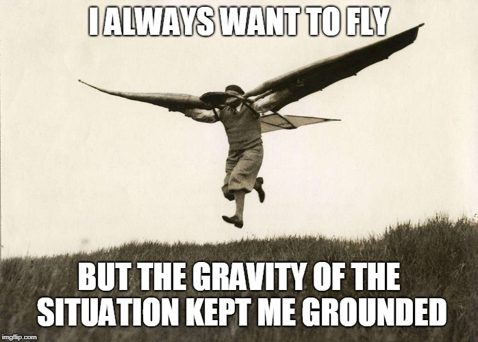 It's a topic that weighs on my shoulders | I ALWAYS WANT TO FLY; BUT THE GRAVITY OF THE SITUATION KEPT ME GROUNDED | image tagged in gravity sucks,pun | made w/ Imgflip meme maker