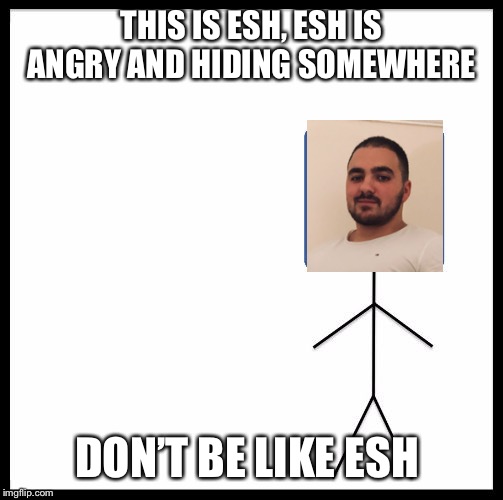 Don't Be like Facebook | THIS IS ESH, ESH IS ANGRY AND HIDING SOMEWHERE; DON’T BE LIKE ESH | image tagged in don't be like facebook | made w/ Imgflip meme maker