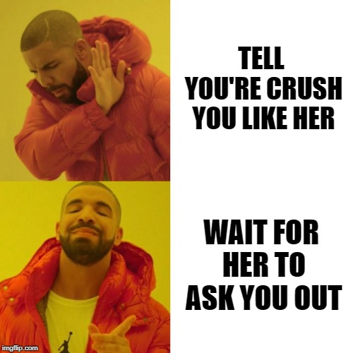 Drake Blank | TELL YOU'RE CRUSH YOU LIKE HER; WAIT FOR HER TO ASK YOU OUT | image tagged in drake blank | made w/ Imgflip meme maker
