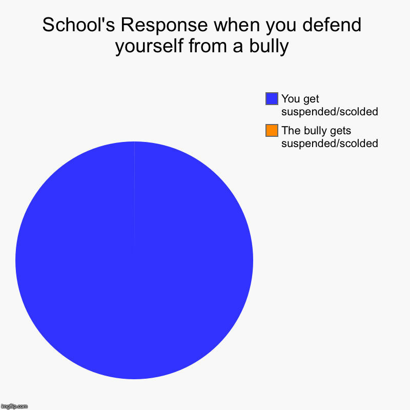 School's Response when you defend yourself from a bully | The bully gets suspended/scolded, You get suspended/scolded | image tagged in charts,pie charts | made w/ Imgflip chart maker