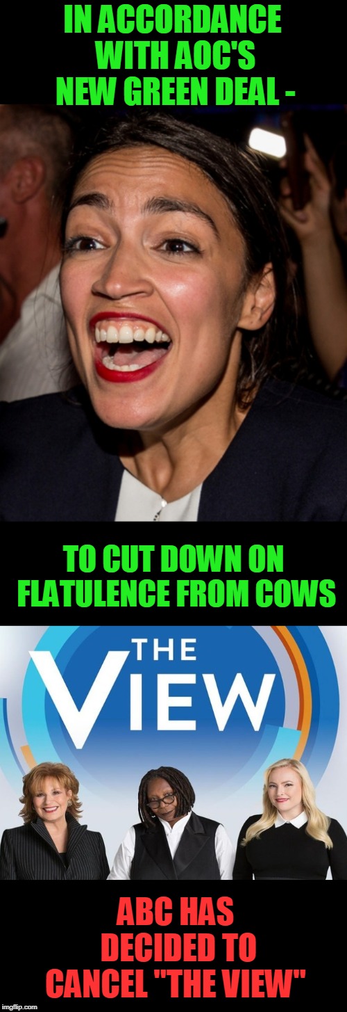 Cow Farts | IN ACCORDANCE WITH AOC'S NEW GREEN DEAL -; TO CUT DOWN ON FLATULENCE FROM COWS; ABC HAS DECIDED TO CANCEL "THE VIEW" | image tagged in aoc,green deal,the view,cow farts | made w/ Imgflip meme maker