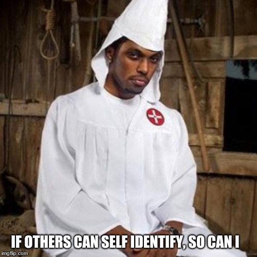 Be yourself |  IF OTHERS CAN SELF IDENTIFY, SO CAN I | image tagged in black kkk,be yourself,self esteem,don't judge | made w/ Imgflip meme maker