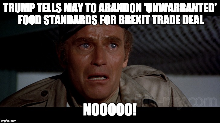 US Food Exports | TRUMP TELLS MAY TO ABANDON 'UNWARRANTED' FOOD STANDARDS FOR BREXIT TRADE DEAL; NOOOOO! | image tagged in not safe to eat nste,brexit,trade,uk | made w/ Imgflip meme maker