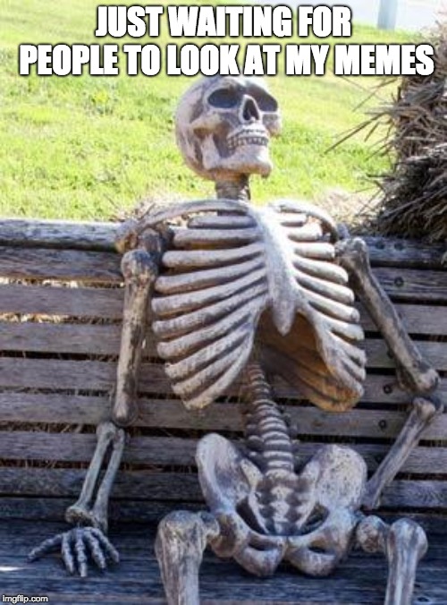 Waiting Skeleton | JUST WAITING FOR PEOPLE TO LOOK AT MY MEMES | image tagged in memes,waiting skeleton | made w/ Imgflip meme maker