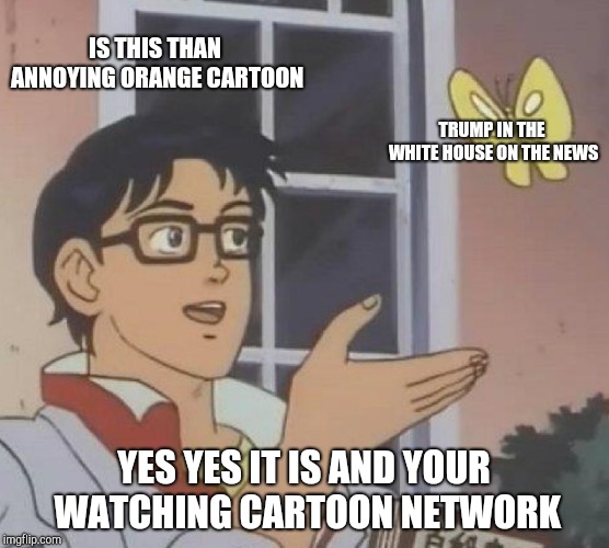 Is This A Pigeon Meme | IS THIS THAN ANNOYING ORANGE CARTOON; TRUMP IN THE WHITE HOUSE ON THE NEWS; YES YES IT IS AND YOUR WATCHING CARTOON NETWORK | image tagged in memes,is this a pigeon | made w/ Imgflip meme maker