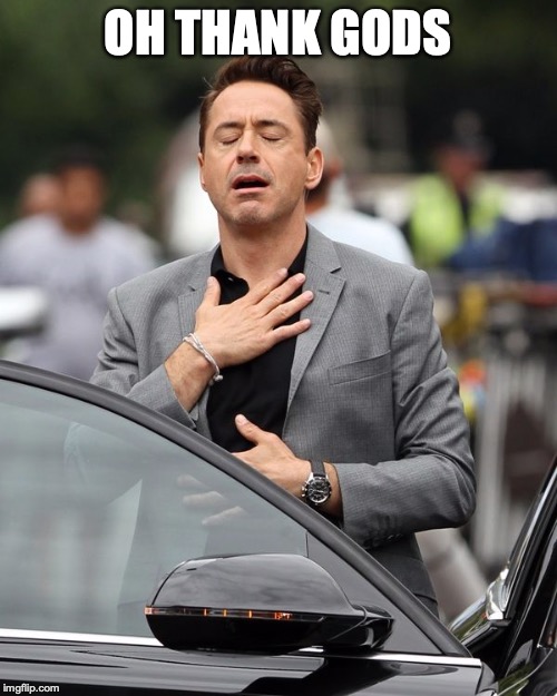 Robert Downey Jr | OH THANK GODS | image tagged in robert downey jr | made w/ Imgflip meme maker
