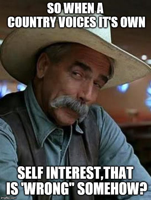 Sam Elliott | SO WHEN A COUNTRY VOICES IT'S OWN SELF INTEREST,THAT IS 'WRONG" SOMEHOW? | image tagged in sam elliott | made w/ Imgflip meme maker